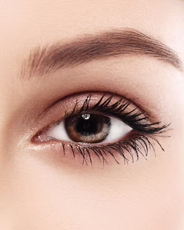 Nahaufnahme eines braunen Auges mit langen Wimpern und gepflegter Augenbraue.